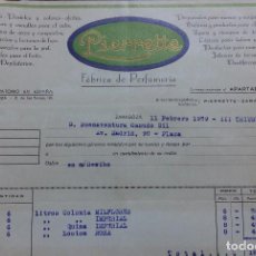Facturas antiguas: ANTIGUA FACTURA. FABRICA DE PERFUMERIA PIERRETTE. LABORATORIA ESPAÑA. 1939. FIN GUERRA CIVIL