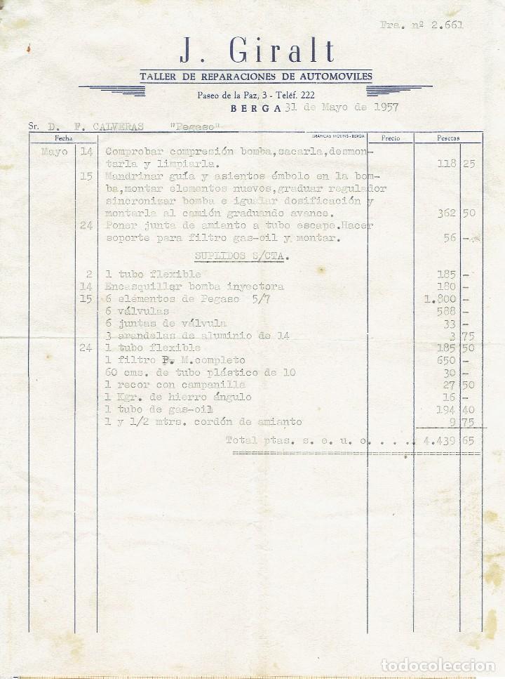 Old Invoices: LOTE 2 FACTURAS TALLER DE REPARACIONES DE AUTOMOVILES JOS&Eacute; GIRALT - BERGA - 1957.