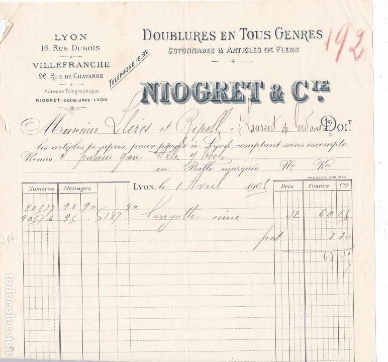 Facturas antiguas: Niogret Lyon Francia 1905 - Foto 1