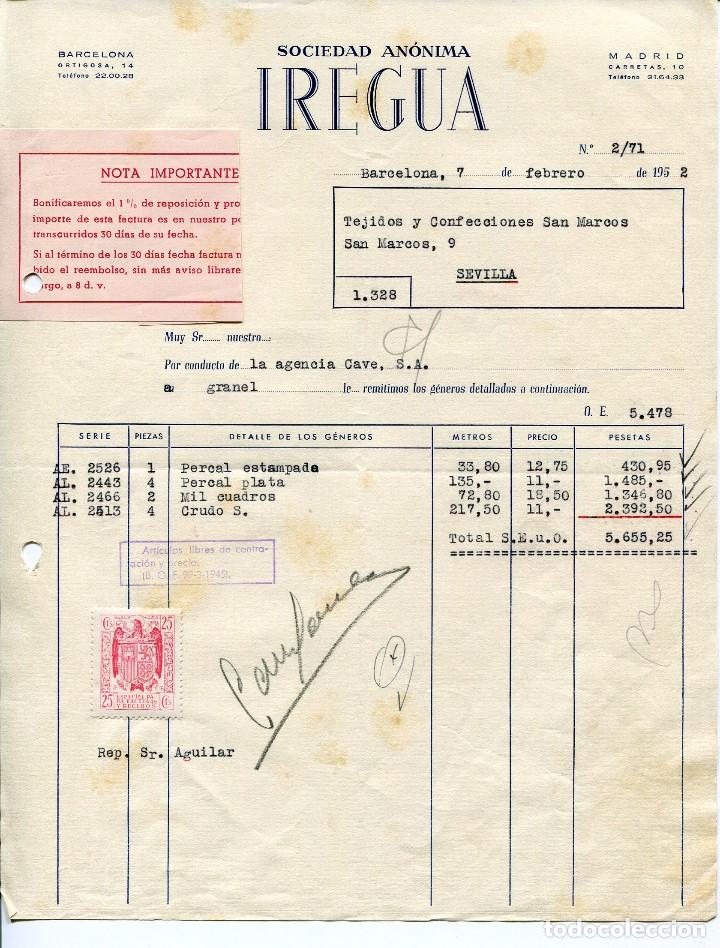 Facturas antiguas: BARCELONA-TEXTIL--S.A. IREGUA- A&Ntilde;O 1952 - Foto 1