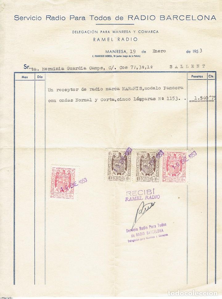 Old Invoices: FACTURA SERVICIO RADIO PARA TODOS DE RADIO BARCELONA-RAMEL RADIO MANRESA 1953.