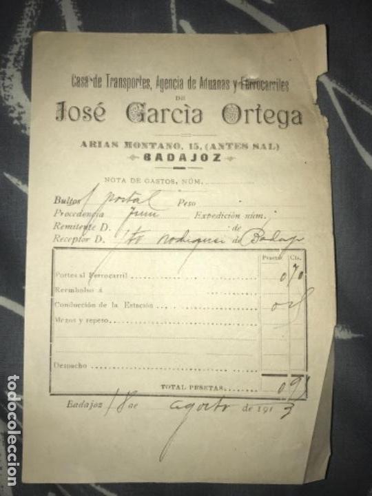 Faturas antigas: ANTIGUA FACTURA JOS&Eacute; GARC&Iacute;A ORTEGA CASA TRANSPORTES ADUANAS Y FERROCARRILES BADAJOZ 1913