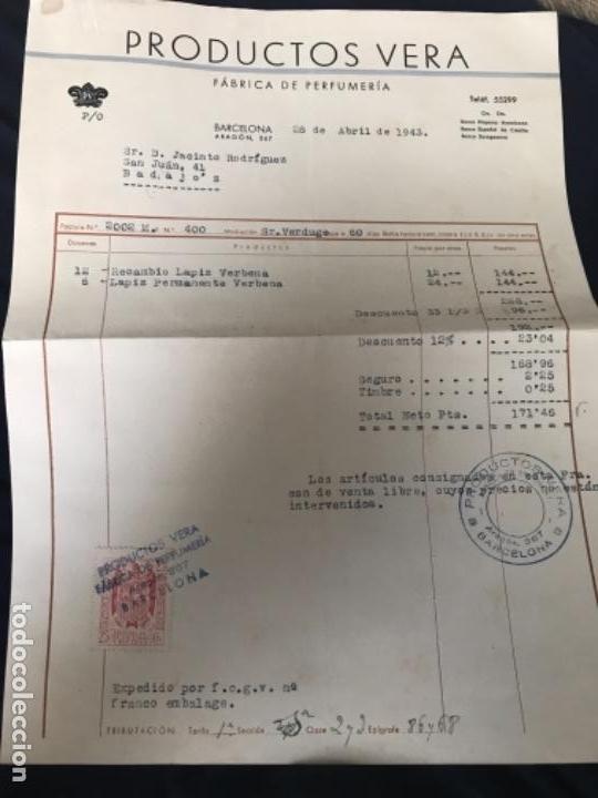 Faturas antigas: ANTIGUA FACTURA PRODUCTOS VER&Aacute; F&Aacute;BRICA PERFUMER&Iacute;A 1943