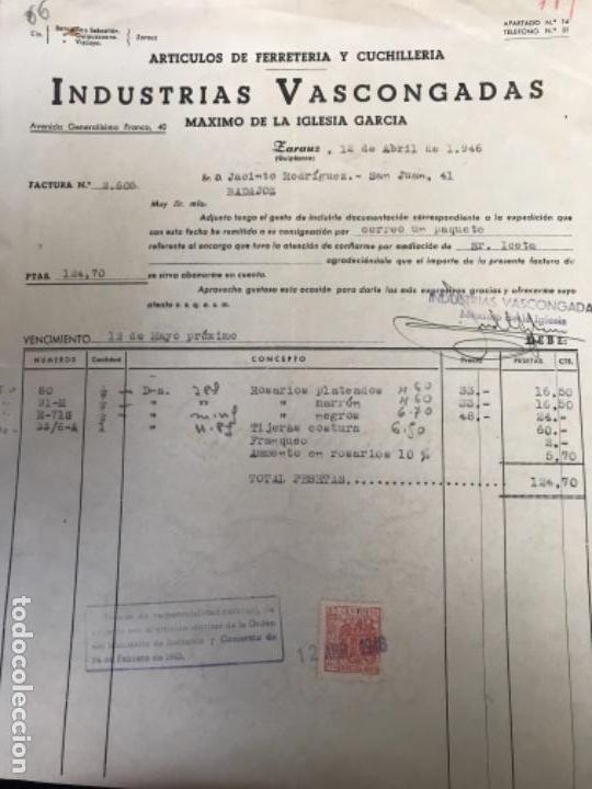 Faturas antigas: ANTIGUA FACTURA INDUSTRIAS VASCONGADAS MAXIMO DE LA IGLESIA GARCIA FERRETER&Iacute;A CUCHILLER&Iacute;A 1946