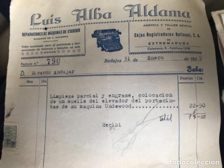 Faturas antigas: ANTIGUA FACTURA LUIS ALBA ALDANA AGENCIA TALLER OFICIAL CAJAS REGISTRADORAS Y M&Aacute;QUINAS COSER BADAJOZ