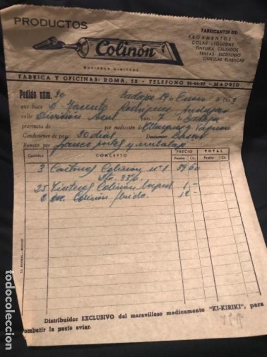 Faturas antigas: ANTIGUA FACTURA COLINON PEGAMENTOS Y COLAS MADRID A&Ntilde;OS 50
