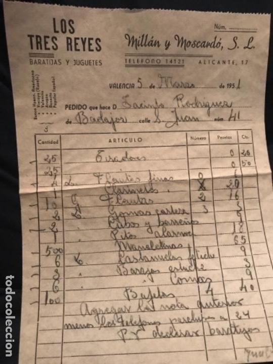 Facturas antiguas: ANTIGUA FACTURA LOS TRES REYES MAGOS BARATIJAS Y JUGUETES MILL&Aacute;N MOSCARDO VALENCIA 1951