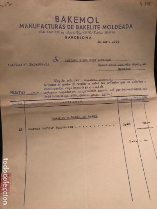 Faturas antigas: ANTIGUA FACTURA BAKEMOL MANUFACTURAS DE BAKELITE MOLDEADA 1953 BARCELONA