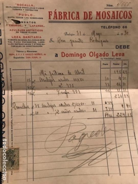 Faturas antigas: ANTIGUA FACTURA F&Aacute;BRICA DE MOSAICOS DOMINGO OLGADO LEVA BADAJOZ 1930