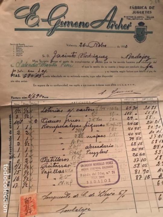 Facturas antiguas: ANTIGUA FACTURA E GIMENO ARCHER F&Aacute;BRICA JUGUETES 1952