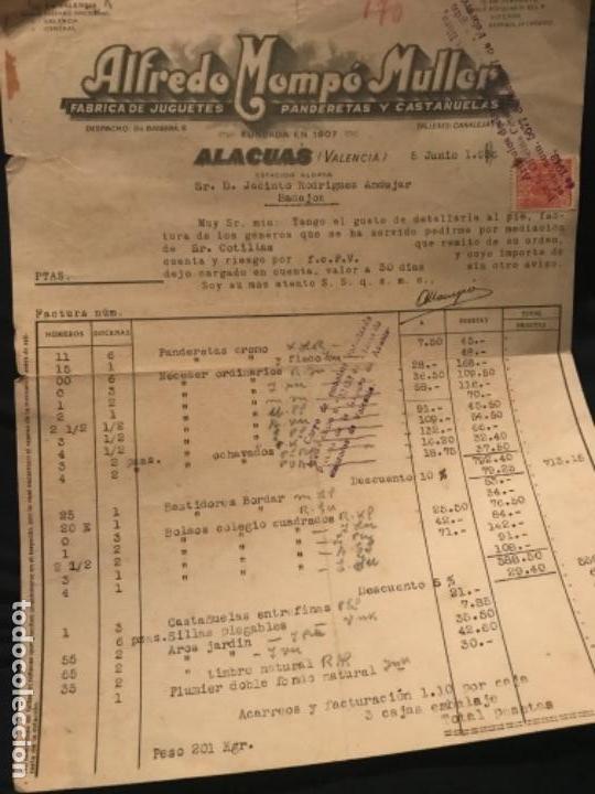 Facturas antiguas: ANTIGUA FACTURA ALFREDO MOMPO MULLER F&Aacute;BRICA JUGUETES PANDERETAS CASTA&Ntilde;UELAS ALACUAS VALENCIA 1936