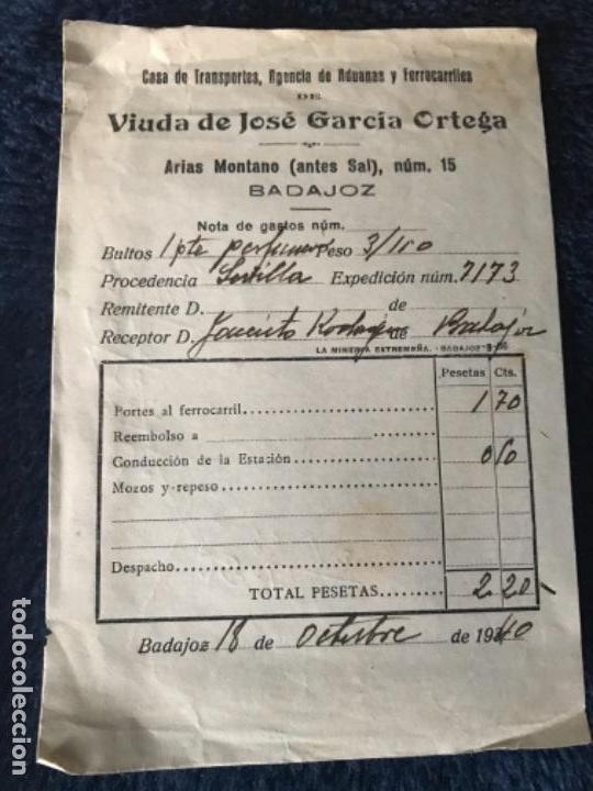 Faturas antigas: ANTIGUA FACTURA CASA TRANSPORTES ADUANAS FERROCARRILES VIUDA JOS&Eacute; GARC&Iacute;A ORTEGA BADAJOZ 1940 MINERVA