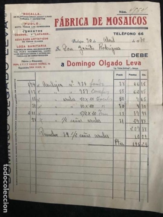 Faturas antigas: ANTIGUA FACTURA F&Aacute;BRICA MOSAICOS DOMINGO OLGADO LEVA BADAJOZ 1930