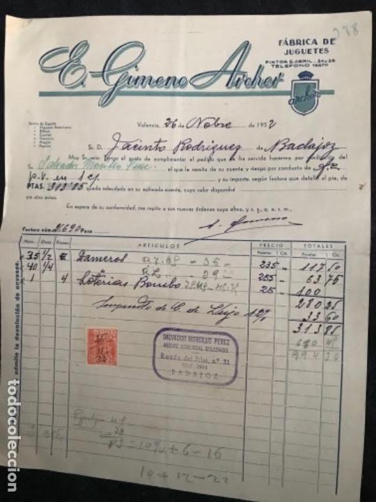 Facturas antiguas: ANTIGUA FACTURA E GIMENO ARCHER F&Aacute;BRICA JUGUETES 1952