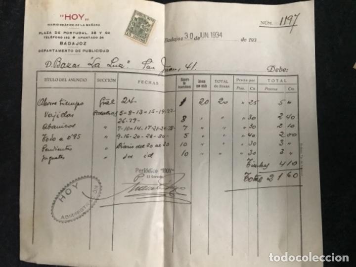 Faturas antigas: ANTIGUA FACTURA DIARIO GR&Aacute;FICO DE LA MA&Ntilde;ANA HOY BADAJOZ PUBLICIDAD TODO 0,95 1934