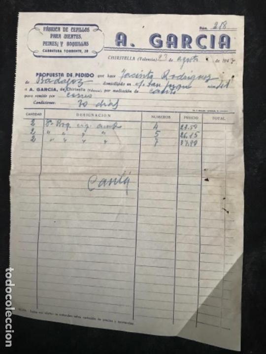 Alte Rechnungen: ANTIGUA FACTURA A GARC&Iacute;A F&Aacute;BRICA CEPILLOS PARA DIENTES PEINES BOQUILLAS CHIRIVELLA VALENCIA 1947