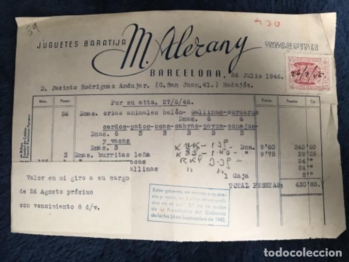 Facturas antiguas: ANTIGUA FACTURA M ALERANY JUGUETES BARATIJA BARCELONA 1946