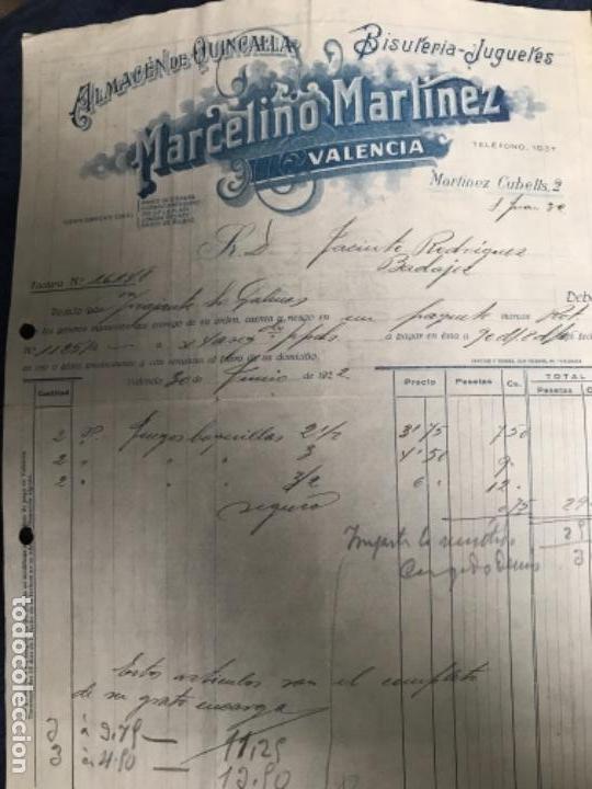Facturas antiguas: ANTIGUA FACTURA MARCELINO MARTINEZ ALMAC&Eacute;N DE QUINCALLA VALENCIA BISUTER&Iacute;A JUGUETES 1922