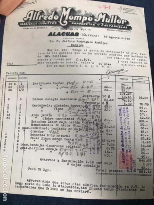 Facturas antiguas: ANTIGUA FACTURA ALFREDO MOMPO MULLER F&Aacute;BRICA JUGUETES PANDERETAS CASTA&Ntilde;UELAS ALACU&Aacute;S VALENCIA 1946