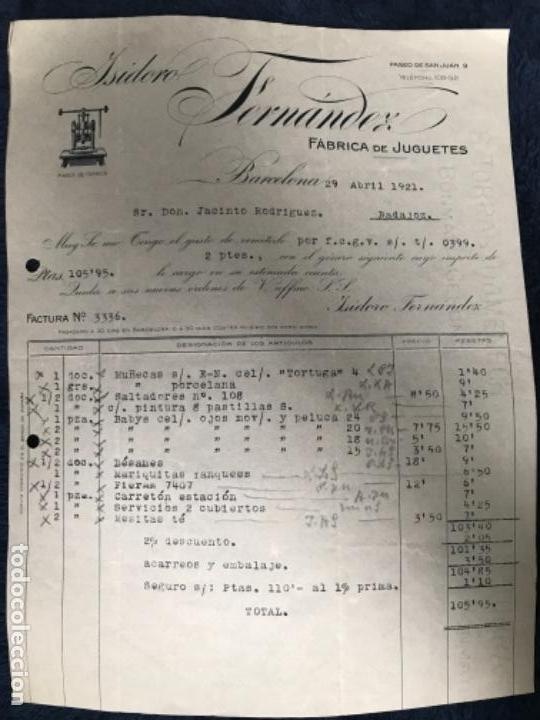 Facturas antiguas: ANTIGUA FACTIRA ISIDORO FERN&Aacute;NDEZ F&Aacute;BRICA JUGUETES BARCELONA 1921