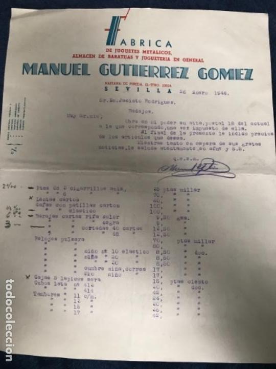 Facturas antiguas: ANTIGUA FACTURA MANUEL GUTI&Eacute;RREZ G&Oacute;MEZ F&Aacute;BRICA JUGUETES MET&Aacute;LICOS SEVILLA 1946