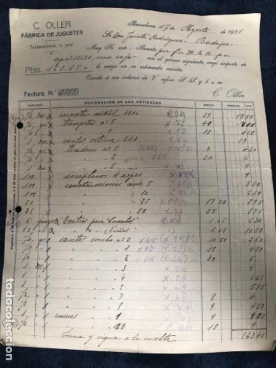 Facturas antiguas: AMTIGUA FACTURA C. OLLER F&Aacute;BRICA JUGUETES BARCELONA 1921