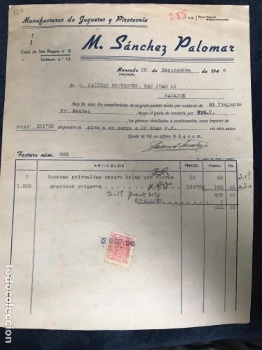 Facturas antiguas: ANTIGUA FACTURA M S&Aacute;NCHEZ PALOMAR JUGUETES PIROTECNIA MONCADA VALENCIA 1946
