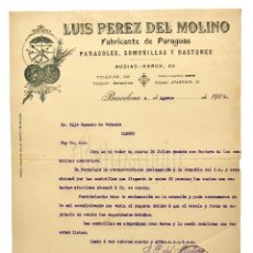 Facturas antiguas: FACTURA CARTA COMERCIAL FÁBRICA PARAGUAS SOMBRILLAS BASTONES LUIS PÉREZ DEL MOLINO SANTANDER 1906. Lote 122448211
