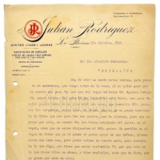 Facturas antiguas: FACTURA CARTA COMERCIAL EXPORTACIÓN DE ACEITES VINOS LICORES JULIÁN RODRÍGUEZ. LA BAÑEZA LEÓN 1924