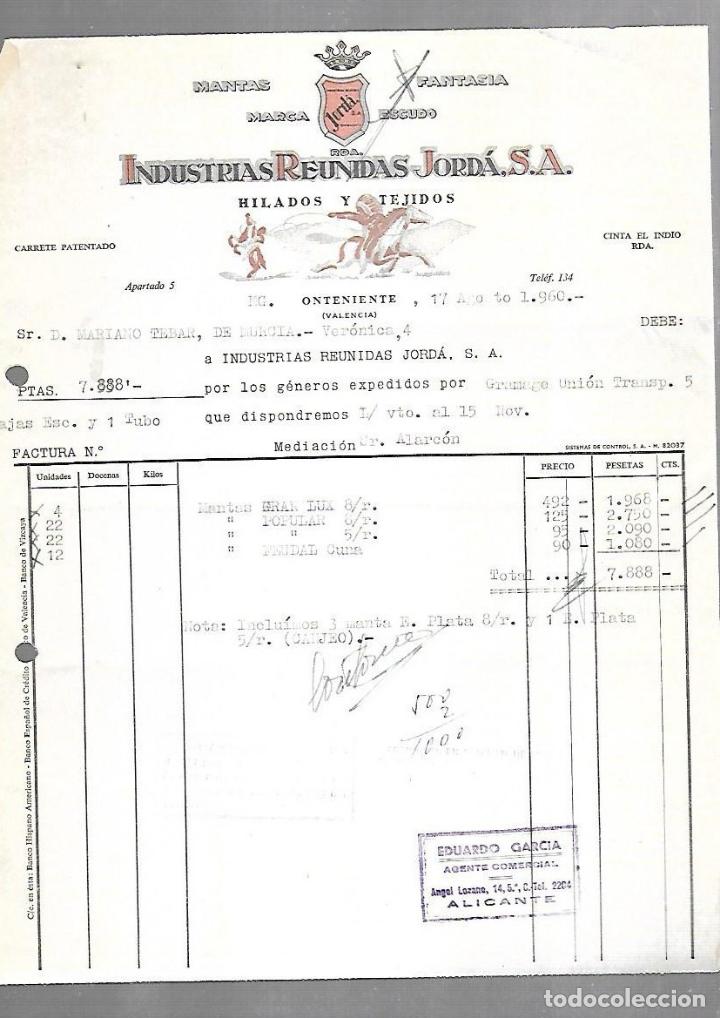Fatture antiche: FACTURA. INDUSTRIAS REUNIDAS JORDA S.A. HILADOS Y TEJIDOS. ONTENIENTE, VALENCIA. 1960
