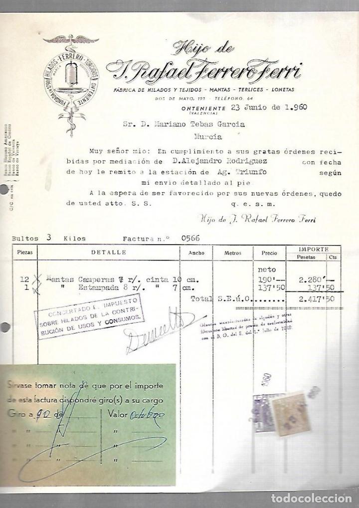 Fatture antiche: FACTURA. HIJO DE RAFAEL FERRER FERRI. HILADOS Y TEJIDOS. ONTENIENTE, VALENCIA. 1960