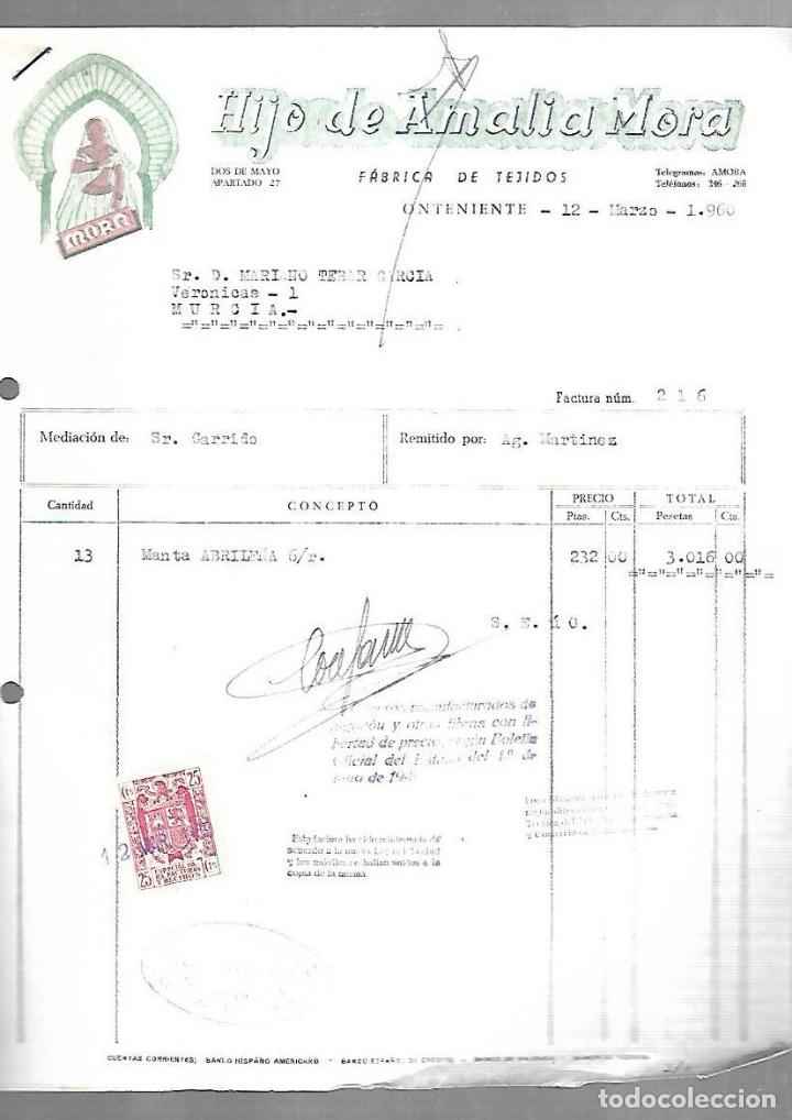 Facturas antiguas: FACTURA. HIJO DE AMALIA MORA. TEJIDOS. ONTENIENTE. 1960