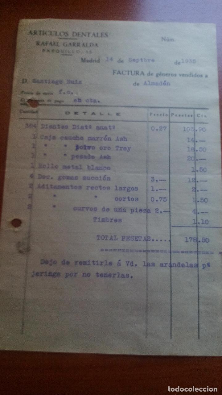 II REPUBLICA - FACTURA AÑO 1935 - ARTICULOS DENTALES - RAFAEL GARRALDA - (C/BARQUILLO - MADRID) (Coleccionismo - Documentos - Facturas Antiguas)