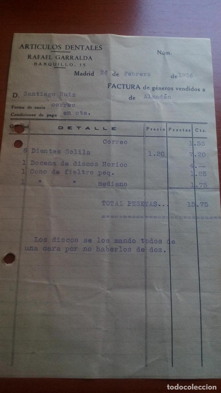 II REPUBLICA - FACTURA AÑO 1936 - ARTICULOS DENTALES - RAFAEL GARRALDA - (C/BARQUILLO - MADRID) (Coleccionismo - Documentos - Facturas Antiguas)