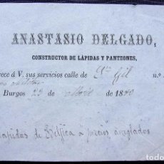 Facturas antiguas: BURGOS. ANTIGUA FACTURA. AÑO: 1880. CONSTRUCTOR DE LÁPIDAS Y PANTEONES.. Lote 127818287