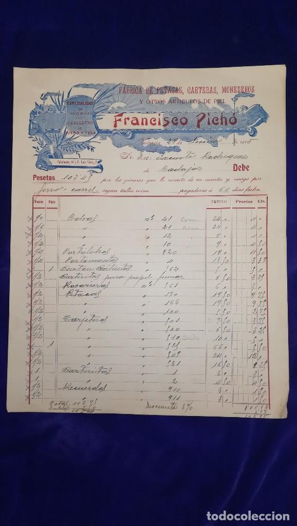 Facturas antiguas: ANTIGUA FACTURA FABRICA DE PETACAS, CARTERAS,MONEDEROS FRANCISCO PICHO, VALENCIA, 1915