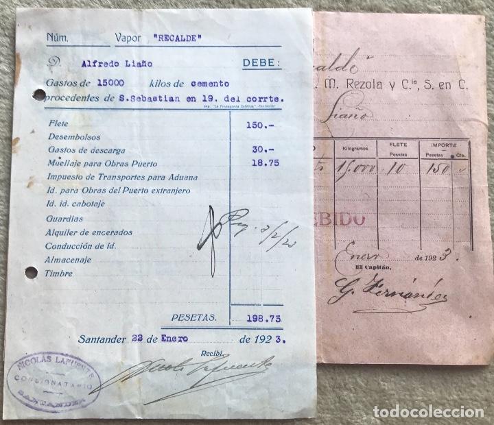 Facturas antiguas: Conocimiento de embarque - Gastos de flete Vapor Recalde (Buque - Barco) - Santander, 1923