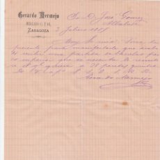 Facturas antiguas: ANTIGUA CARTA COMERCIAL. ULTRAMARINOS GERARDO MERMEJO, MERCADO 15-16, ZARAGOZA. 1885. . Lote 135243594