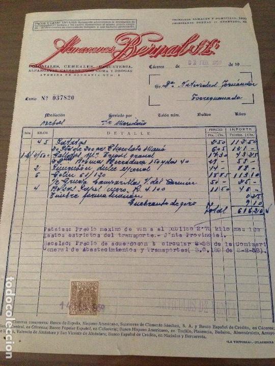 Facturas antiguas: ANTIGUA FACTURA ALMACENES BERNAL COLONIALES CEREALES PAQUETER&Iacute;A C&Aacute;CERES 1959