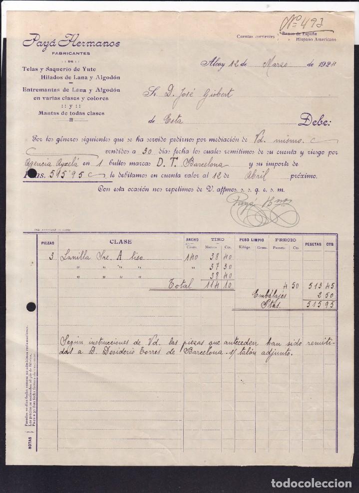 Facturas antiguas: ALCOY ( ALICANTE ) - 1924 - PAY&Aacute; HERMANOS - FABRICANTES - 12 DE MARZO DE 1924
