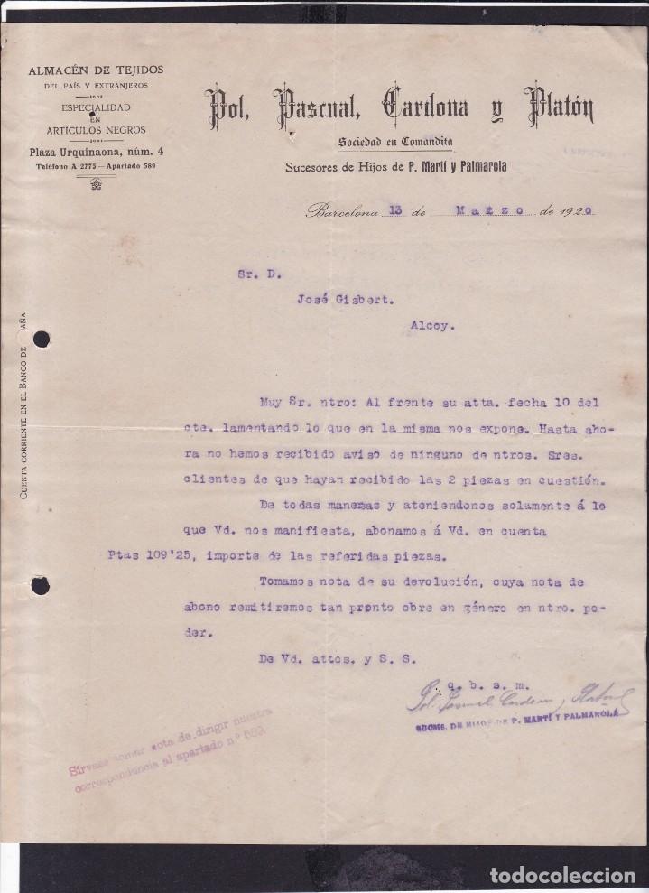 Facturas antiguas: BARCELONA - 1920 - POL, PASCUAL, CARDONA Y PLAT&Oacute;N - TEJIDOS - 13 DE MARZO DE 1920