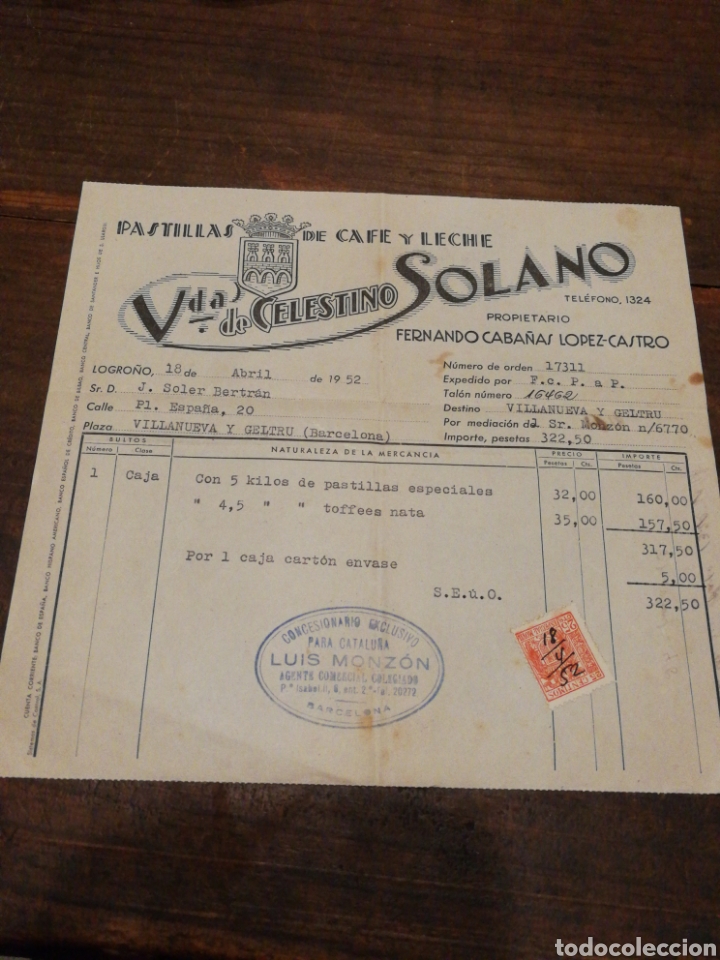 Facturas antiguas: ANTIGUA FACTURA VDA.DE CELESTINO SOLANO, PASTILLAS DE CAF&Eacute; Y LECHE (LOGRO&Ntilde;O), 1952, TIMBRE.