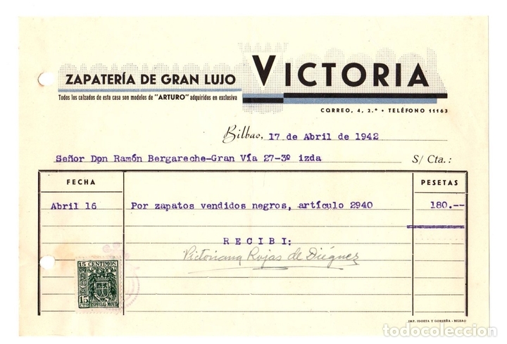 Facturas antiguas: FACTURA COMERCIAL ZAPATERIA VICTORIA. BILBAO. 17 DE ABRIL DE 1942