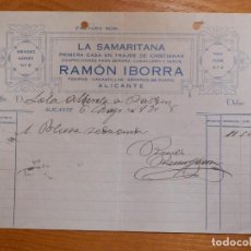 Facturas antiguas: ANTIGUA FACTURA - AÑO 1920 - LA SAMARITANA - RAMÓN IBARRA - ALICANTE - 22 CM. X 16 CM