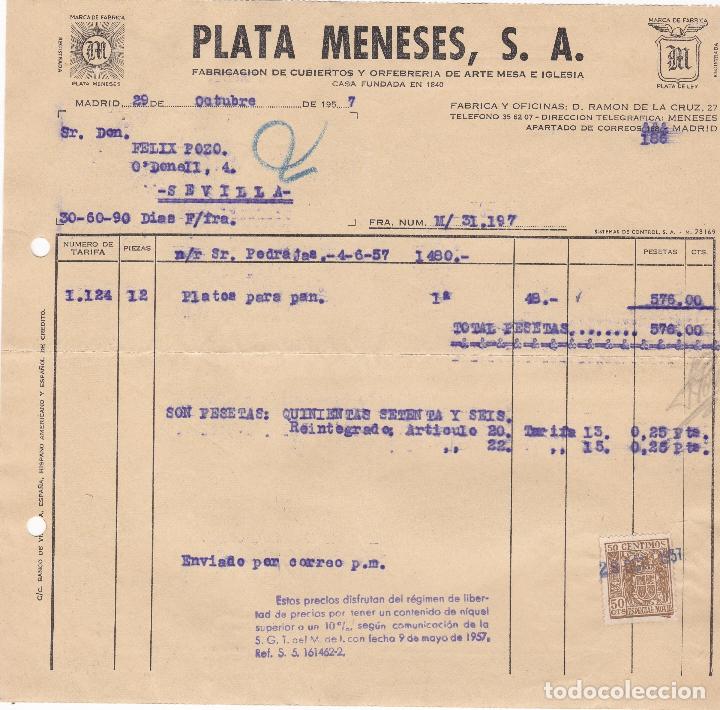Fatture antiche: Factura. Plata Meneses, S.A. Fabricaci&oacute;n  cubiertos y orfebrer&iacute;a de arte mesa e Iglesia. Madrid 1957