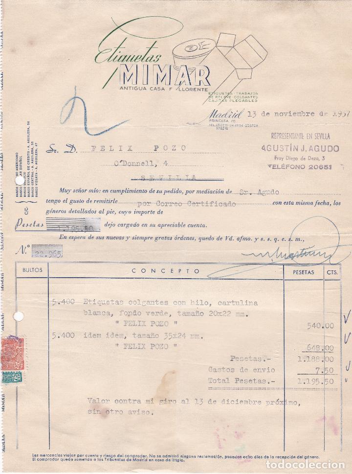 Fatture antiche: Factura. Etiquetas Mimar. Antigua casa F.Llorente. Madrid 1957