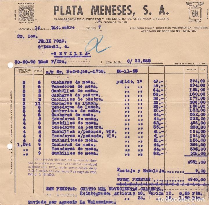 Fatture antiche: Factura. Plata Meneses, S.A. Fabricaci&oacute;n  cubiertos y orfebrer&iacute;a de arte mesa e Iglesia. Madrid 1957