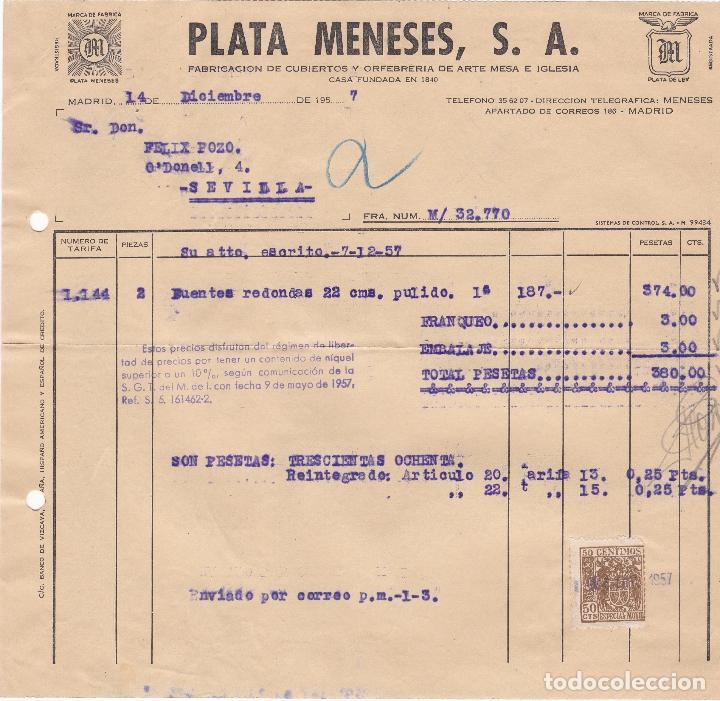 Fatture antiche: Factura. Plata Meneses, S.A. Fabricaci&oacute;n  cubiertos y orfebrer&iacute;a de arte mesa e Iglesia. Madrid 1957