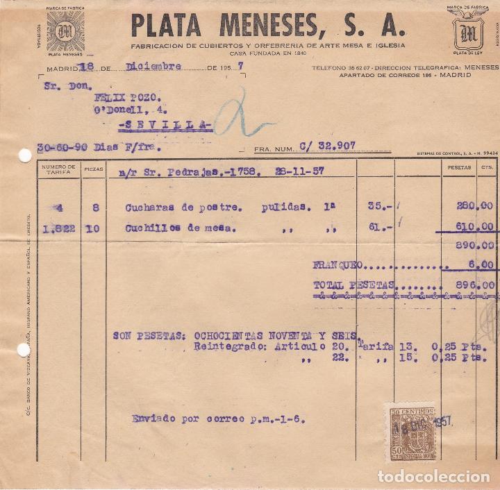 Fatture antiche: Factura. Plata Meneses, S.A. Fabricaci&oacute;n  cubiertos y orfebrer&iacute;a de arte mesa e Iglesia. Madrid 1957