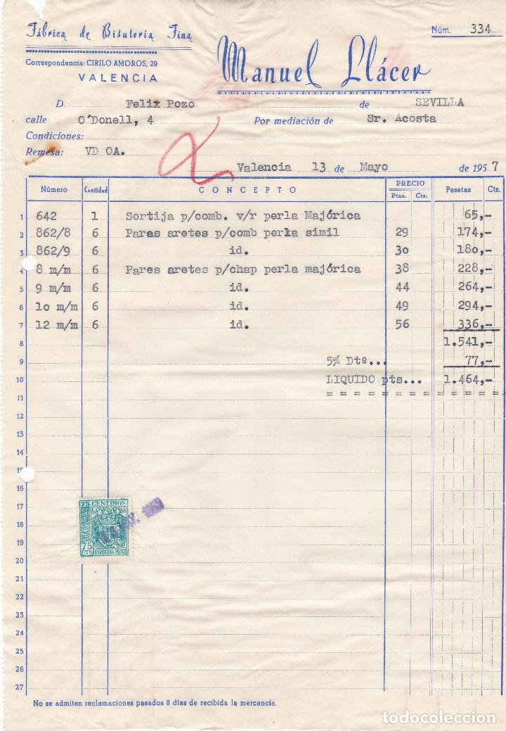 Fatture antiche: Factura. Manuel Ll&aacute;cer. F&aacute;brica de bisuter&iacute;a fina. Valencia 1957